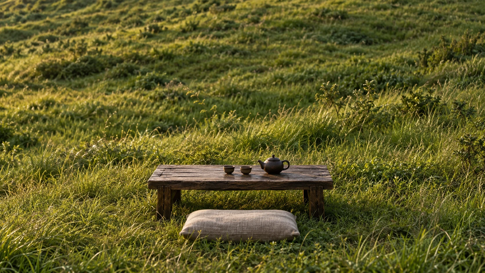A teapot and two cups on a low wooden table in a sunlit, grassy hillside scene.